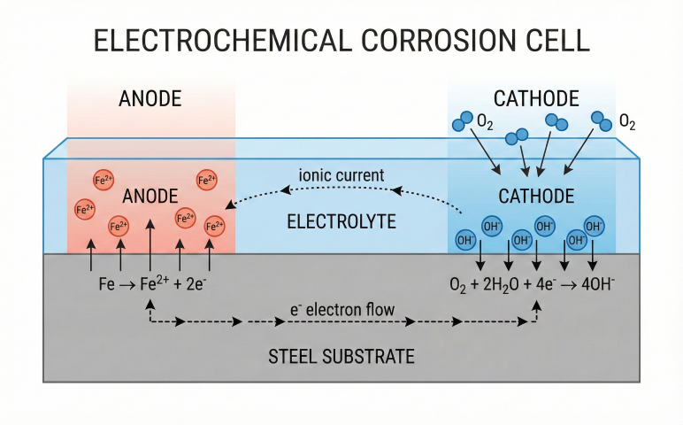 Electrochemical corrosion cell showing anode, cathode, electrolyte, and electron flow
